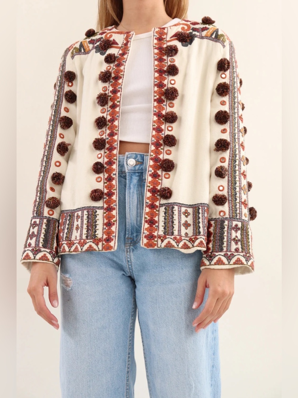 ZARA Boho Embroidered Pompom Mirror Jacket Size Large